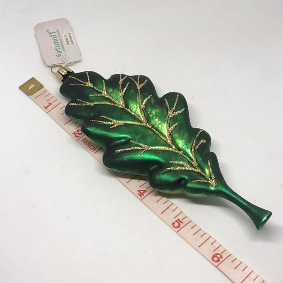 Large 6” Green Oak Leaf Glass Blown With Gold Glitter Holiday Ornament Germany - Picture 6 of 6